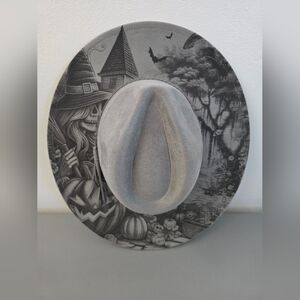 Engraved Witch Adjustable Wide Brim Hat In Grey